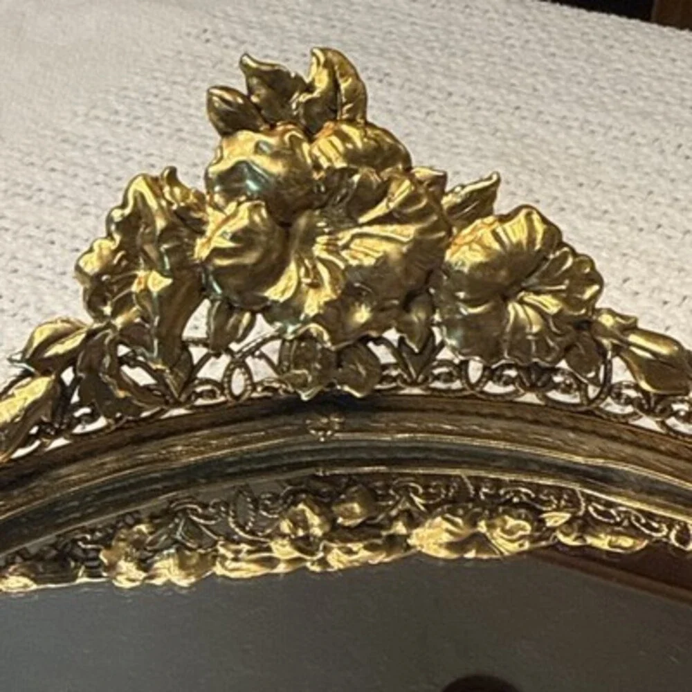 Fancy Vintage 24K Gold Plated Vanity Dresser Set-Hand Mirror-Brush-Combo 19”